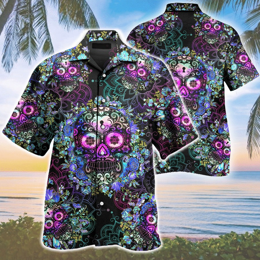 Sugar Skull Floral Pattern Hawaiian Shirt{Size}