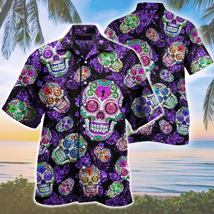 Sugar Skull Purple Twinkle Pattern Hawaiian Shirt{Size}