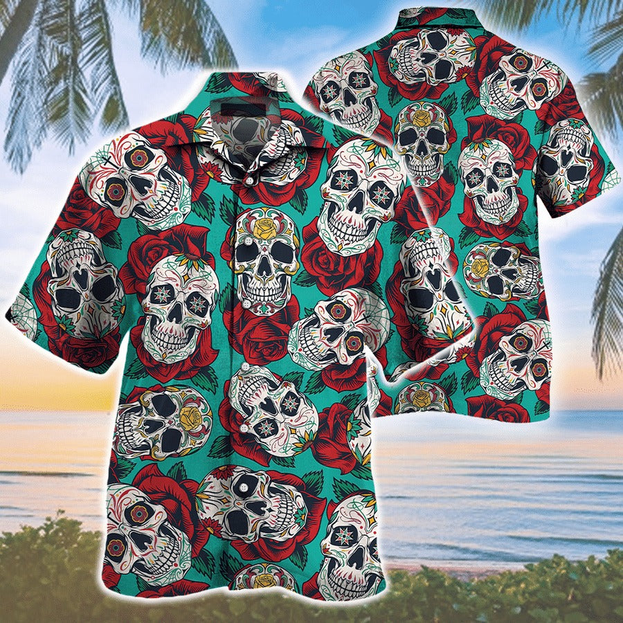 Sugar Skull Roses Pattern Hawaiian Shirt{Size}