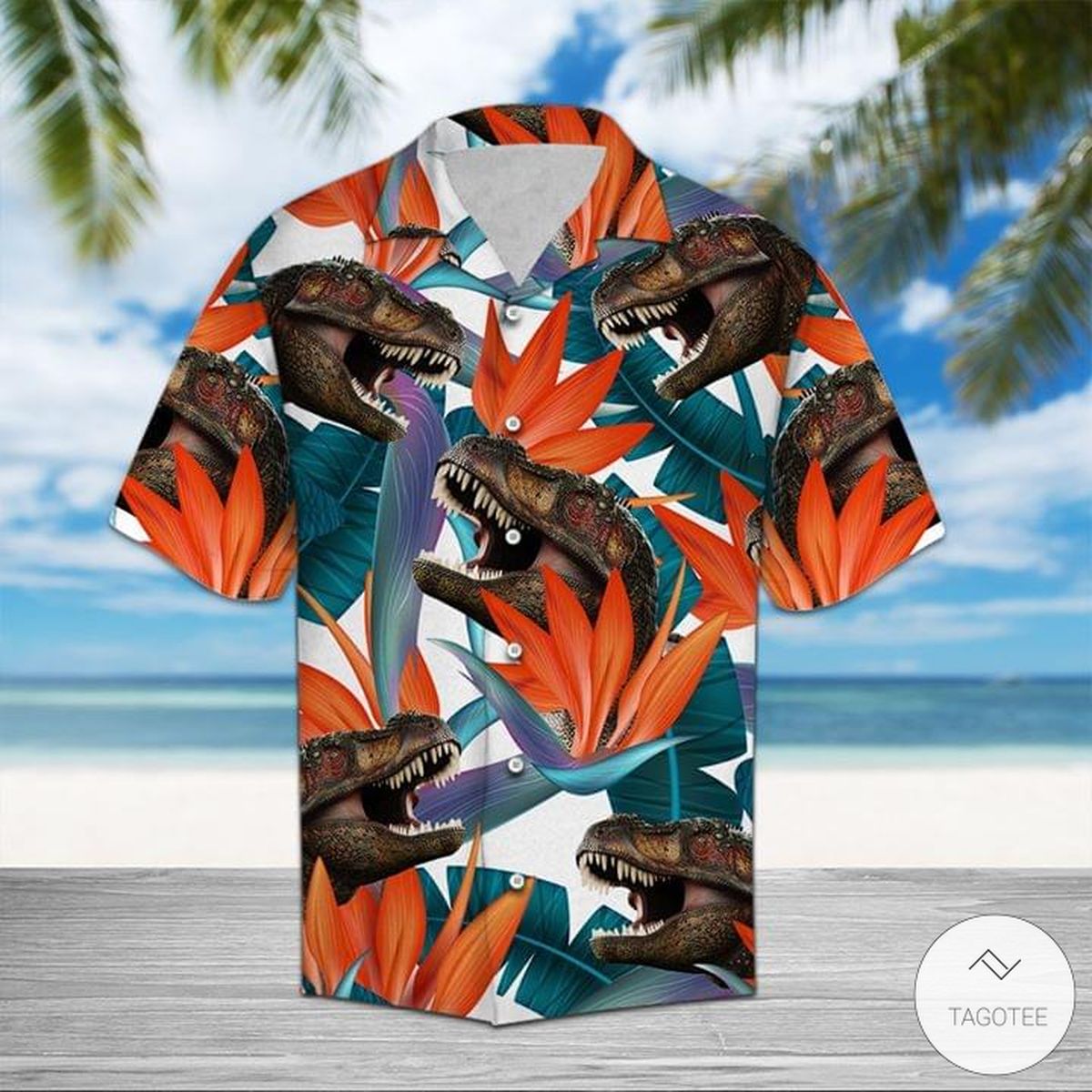 T-Rex Dinosaur Tropical Style Pattern Hawaiian Shirt{Size}