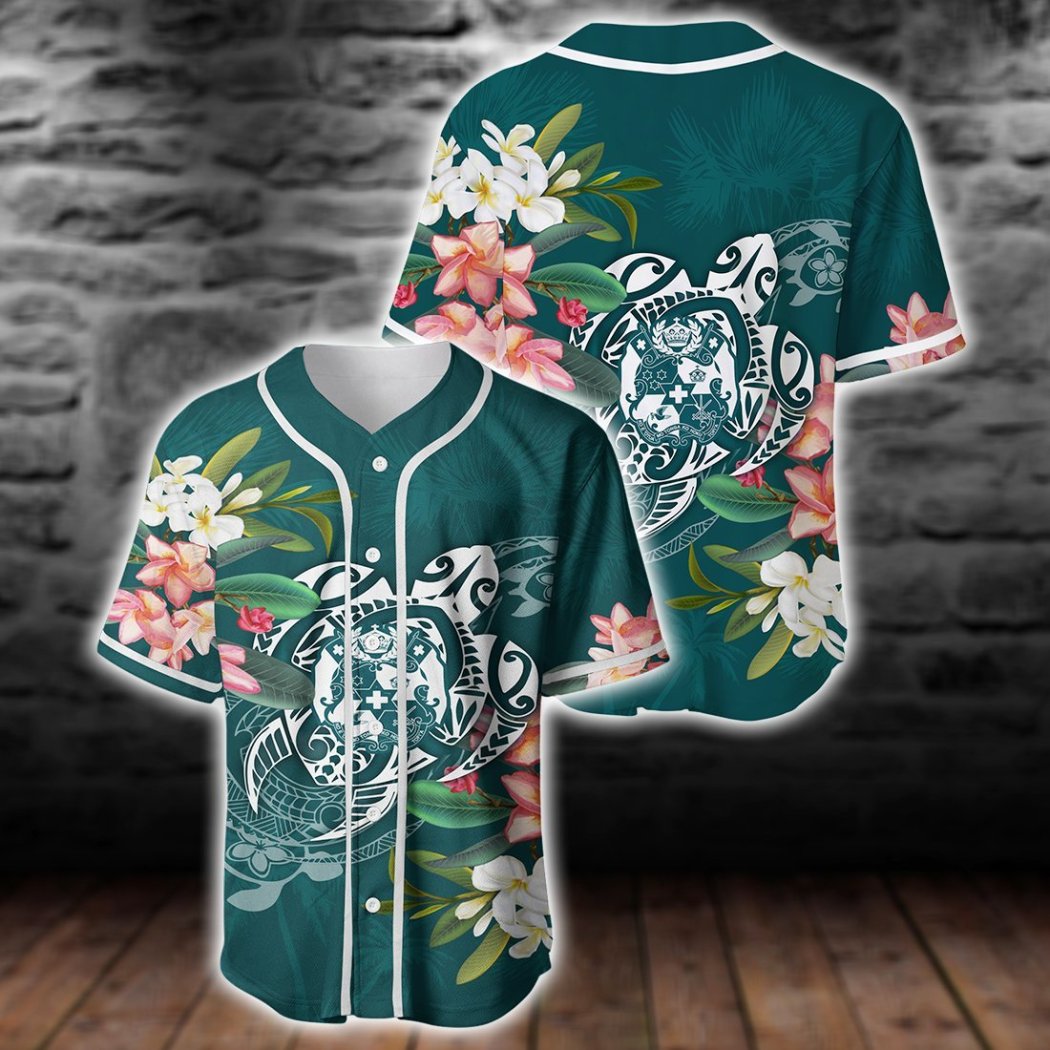 Tonga Polynesian Turtle With Plumeria Baseball Jersey Shirt{Size}