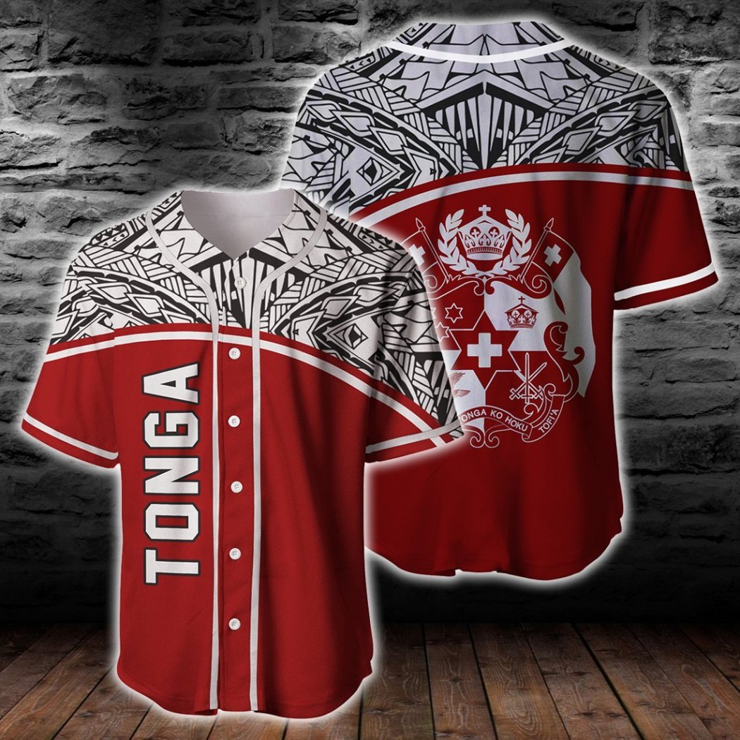 Tonga Custom Personalised Red Curve Baseball Jersey Shirt{Size}