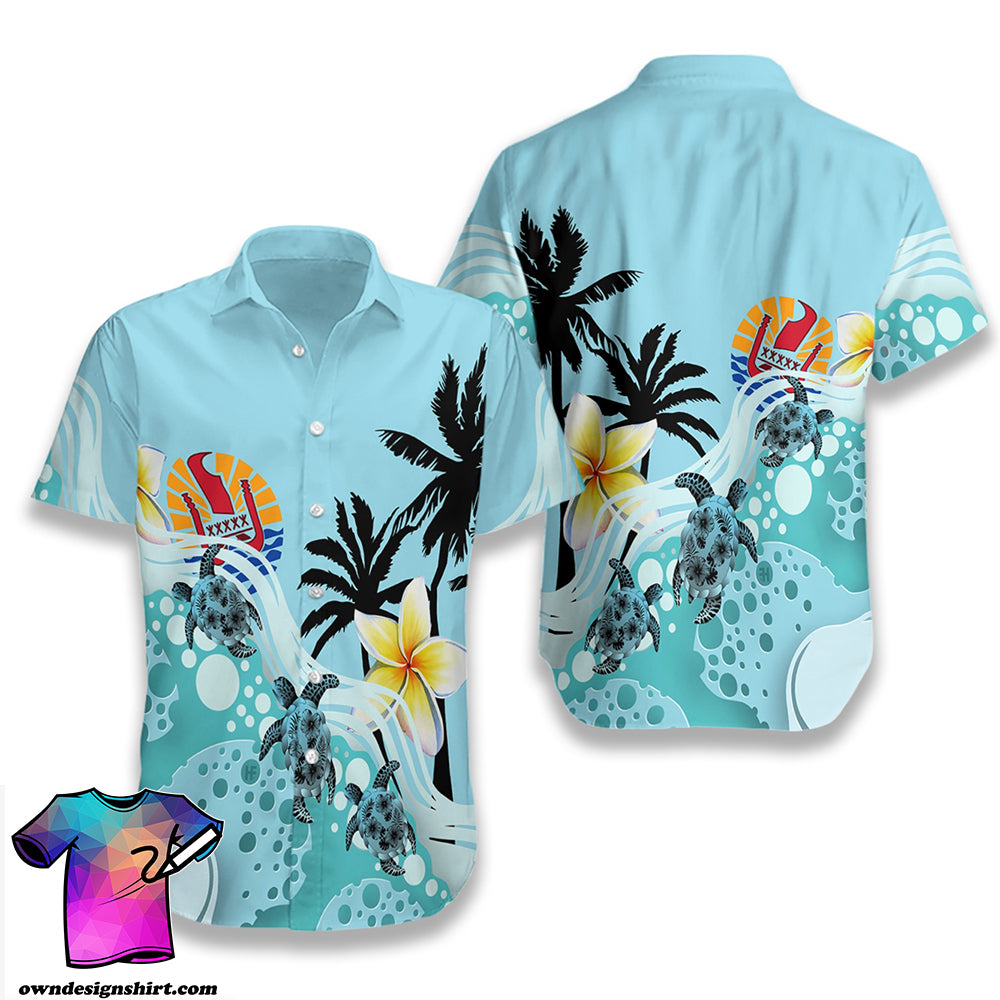 Tahiti Blue Turtle Hibiscus Hawaiian Shirt{Size}