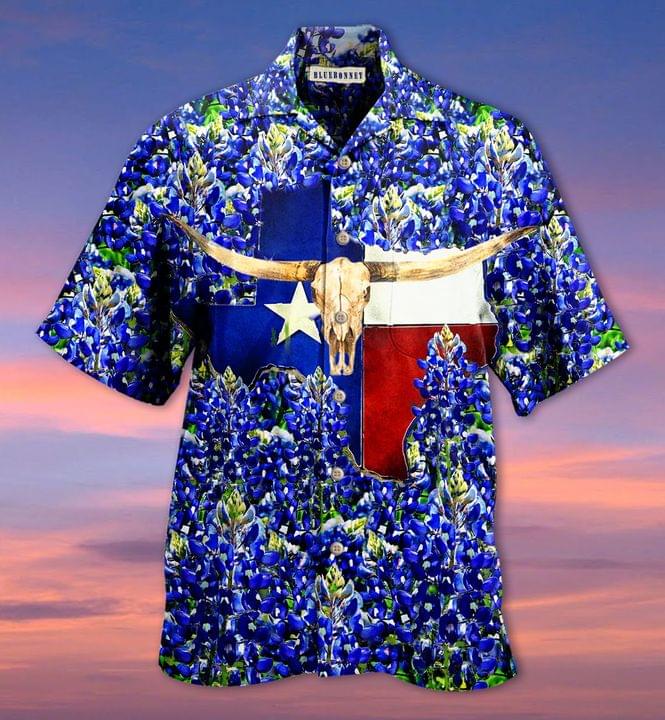 Texas Skull Bluebonnet Hawaiian Shirt{Size}