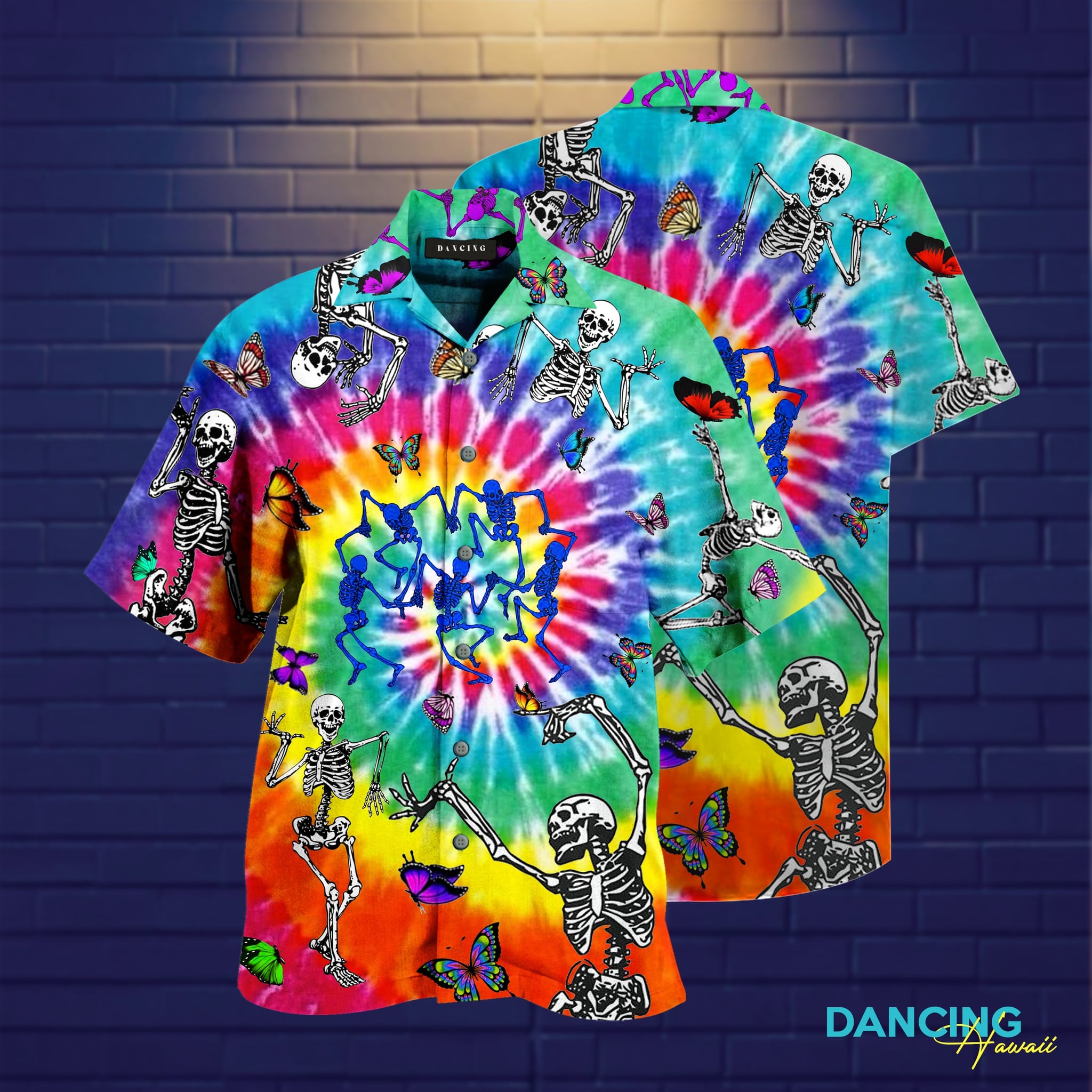 Tie Dye Dancing Skeletons Hawaiian Shirt â Maria{Size}