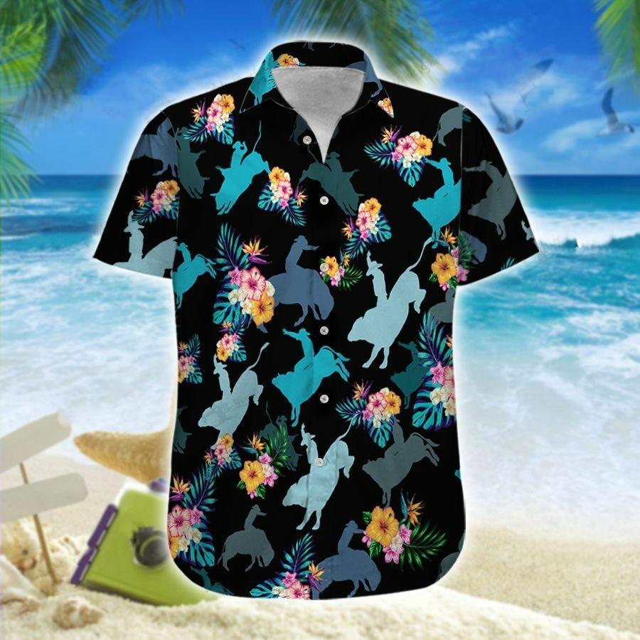 Tropical Hawaiian Shirt - Tropical Bull Riding Button Down Shirts - Beach Vacation Themed Gifts{Size}