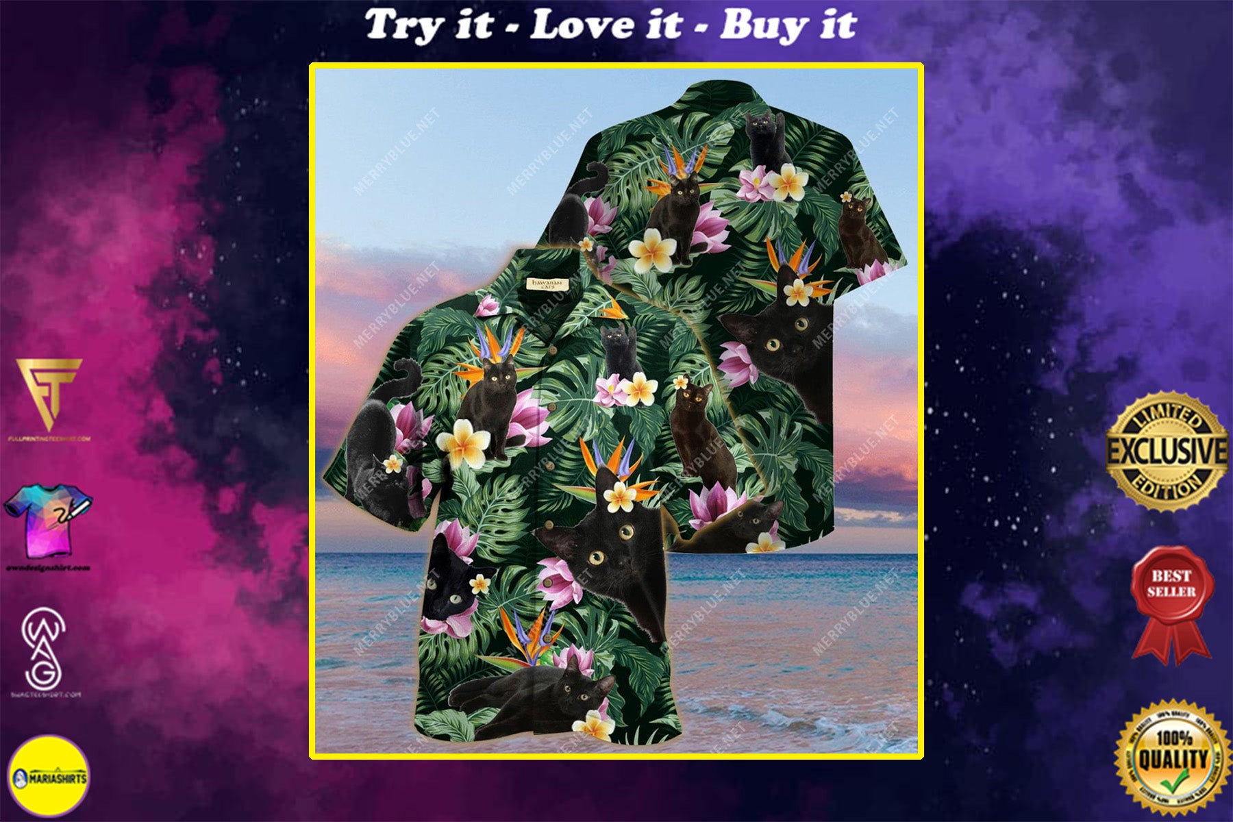 Tropical Flower And Black Cat All Over Printed Hawaiian Shirt{Size}