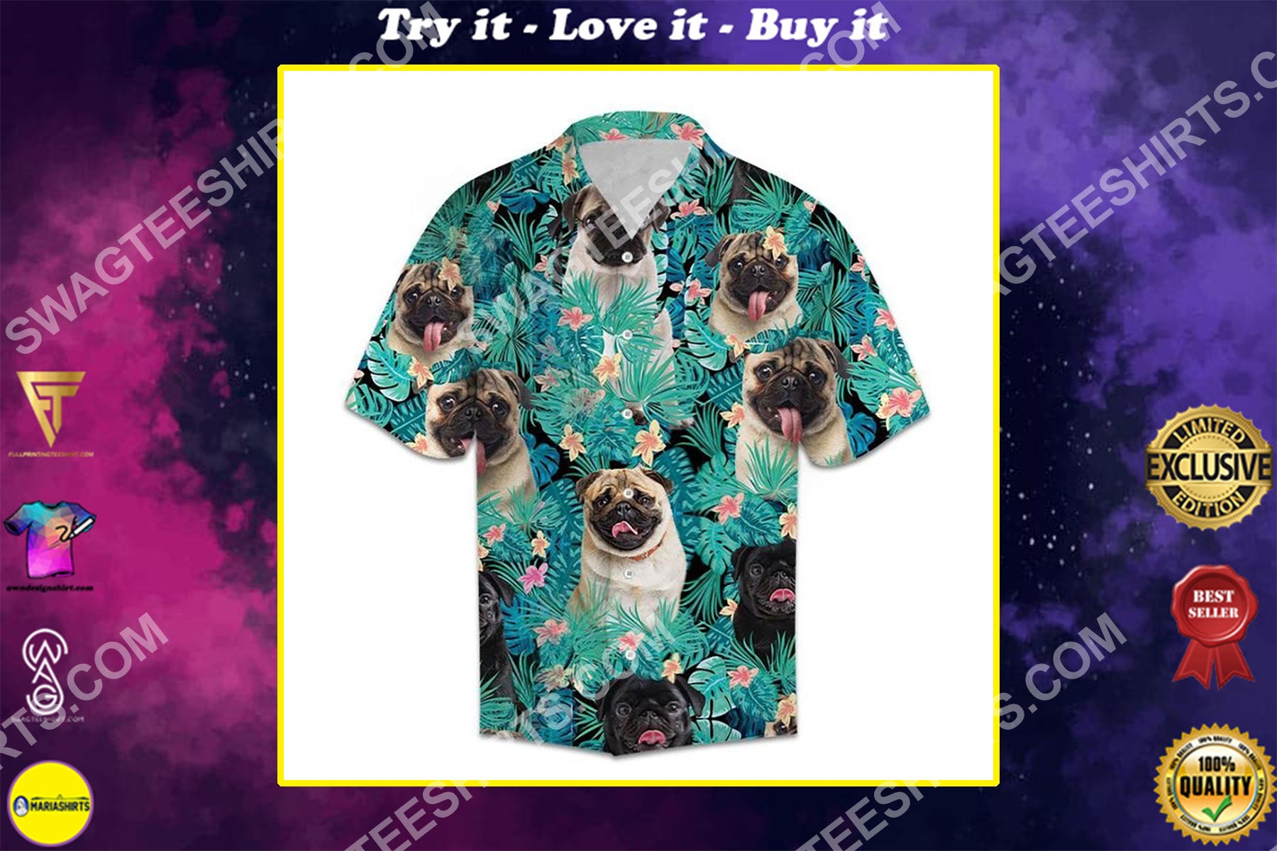 Tropical Pug Dog All Over Printed Hawaiian Shirt{Size}