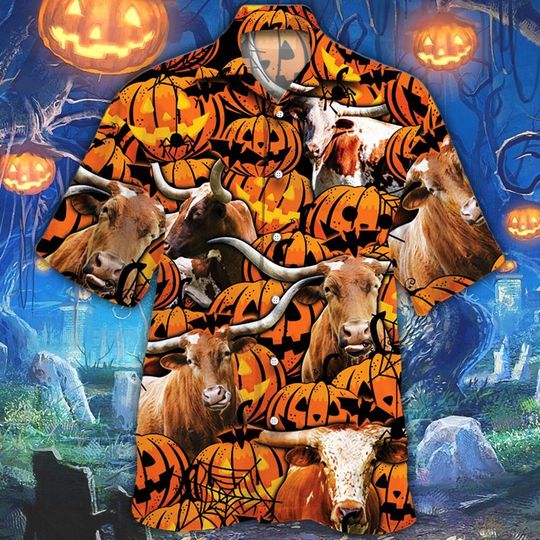 TX longhorn cattle halloween pumpkin hawaiian shirt{Size}