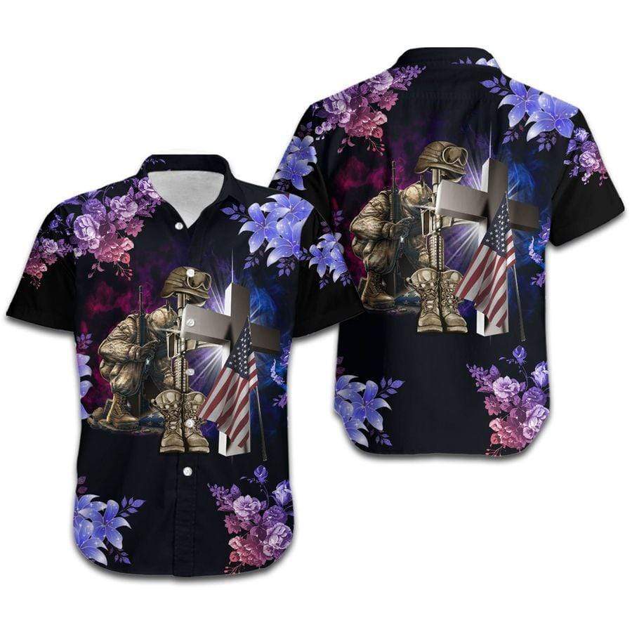 Veteran And Jesus Cross Red Blue Tropical Hawaiian Shirt | For Men & Women | Adult | HW7642{Size}