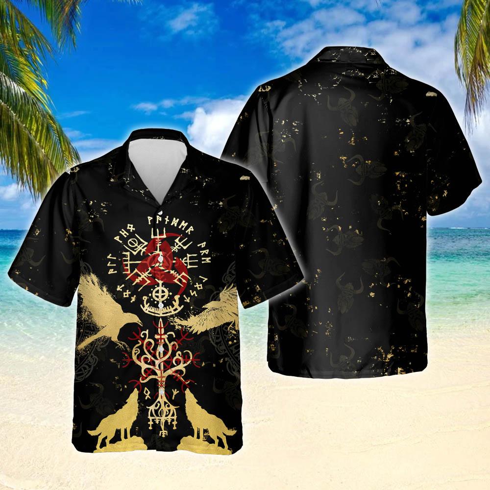 Vikings vegvisir yggdrasil hawaiian shirt{Size}