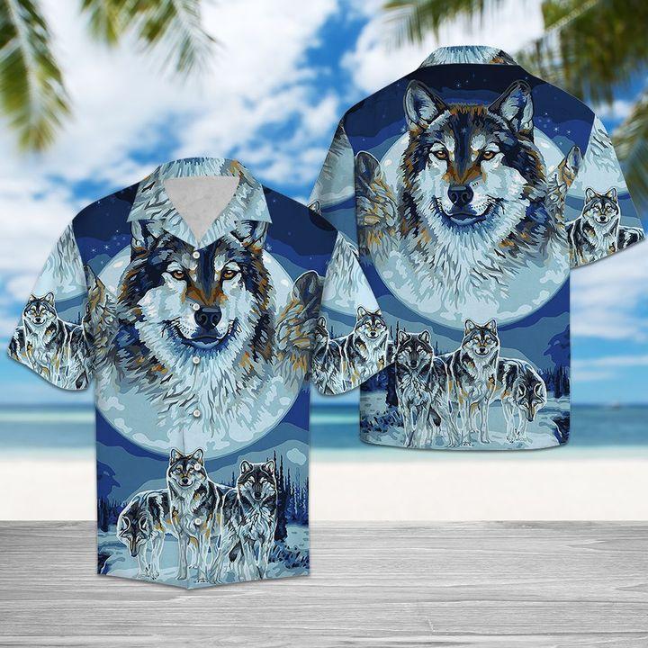 Wolf Hawaiian Shirt - Blue Wolfs Standing On The Snow Ground Hawaii Shirt - Cool Gift For Wolf Lovers{Size}