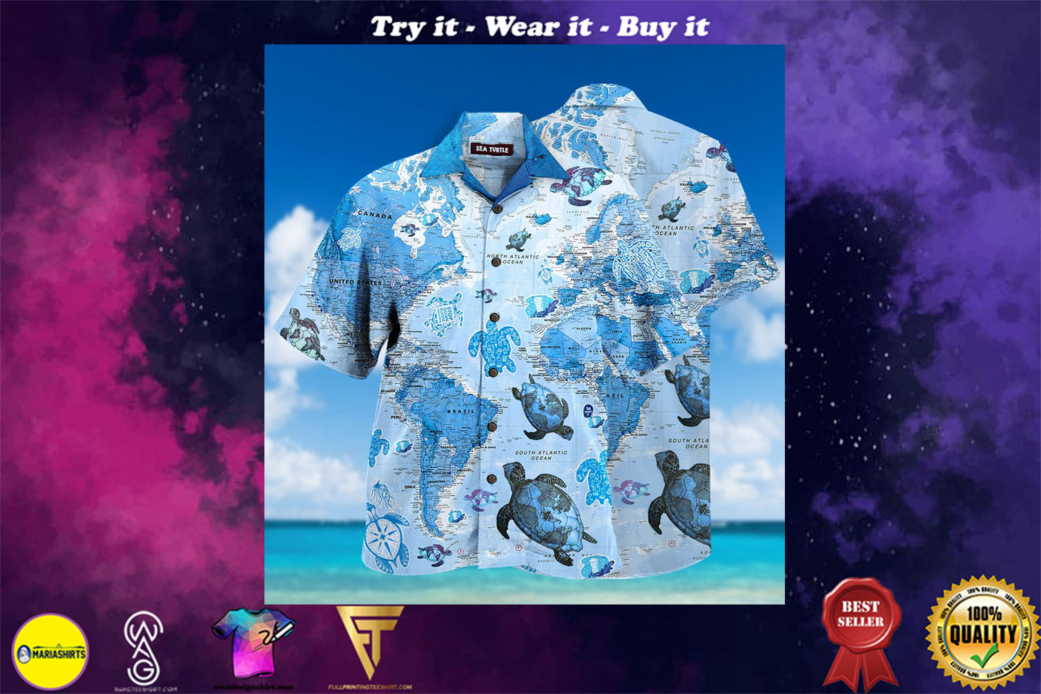 World Map Sea Turtles Full Printing Hawaiian Shirt - Hot Item{Size}