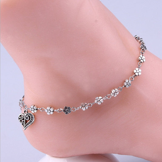 New Fashion Foot Chain Tibetan Silver Hollow Plum Daisy Flowers Heart-Shaped Anklet For Women