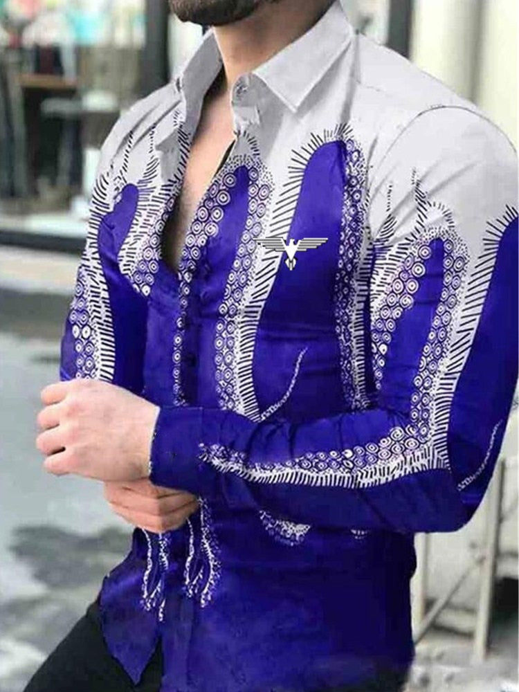 Men's Slim Shirt Autumn Casual Turn-down Collar Streetwear Fashion Together print  Long Sleeve Shirt