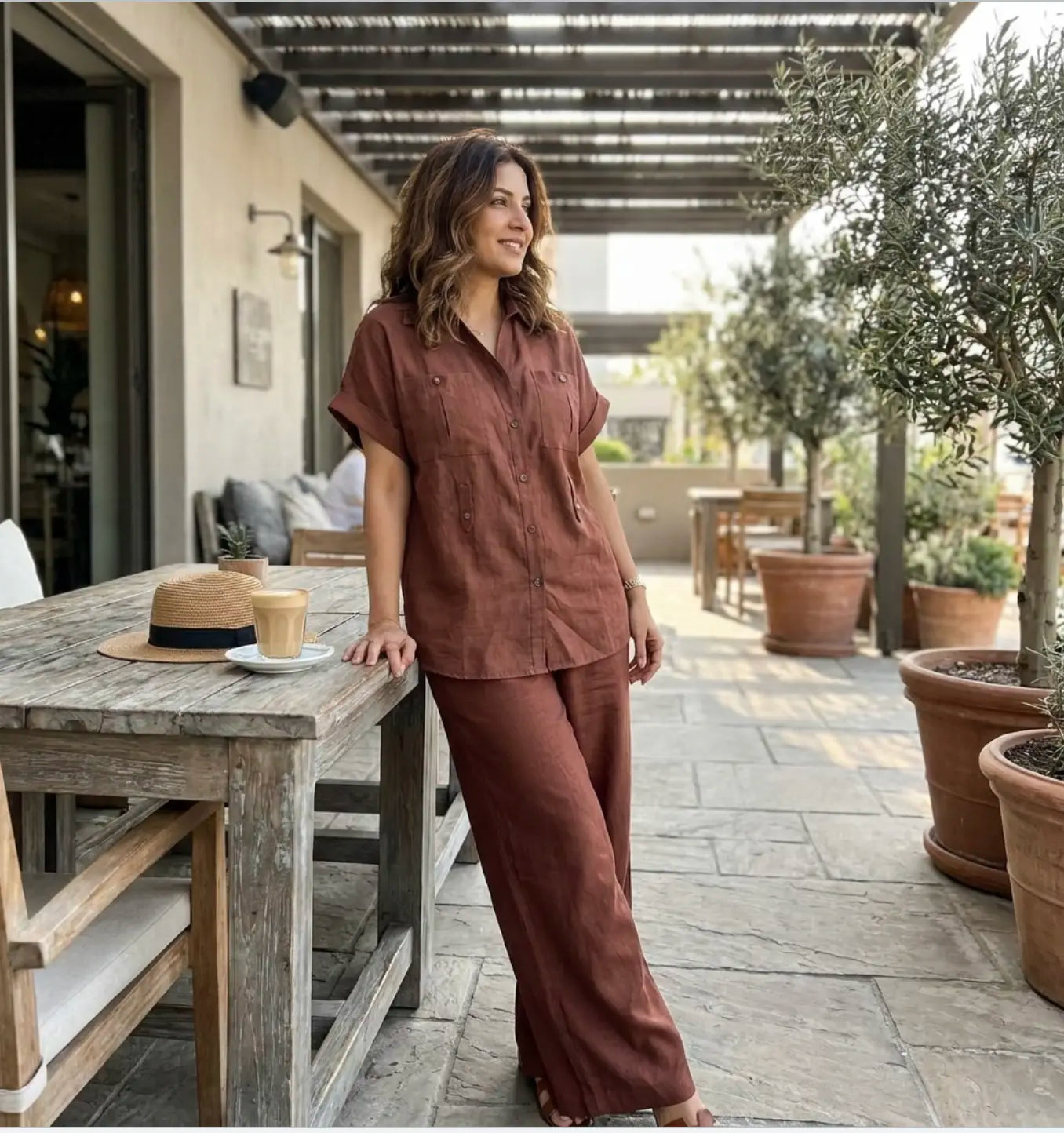 Trendy Rust-Brown Co-ord Set In Blended Linen