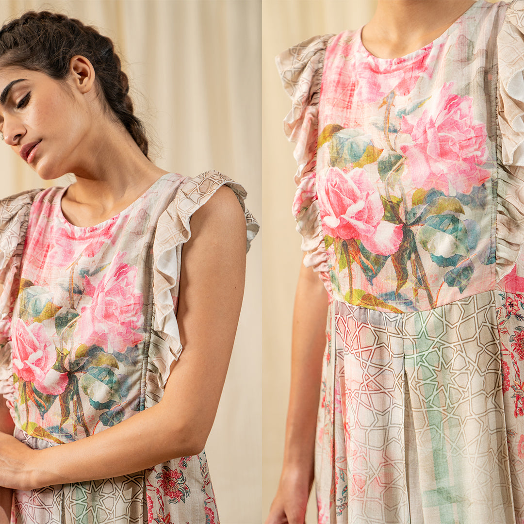 Oriental Floral Pleated Maxi