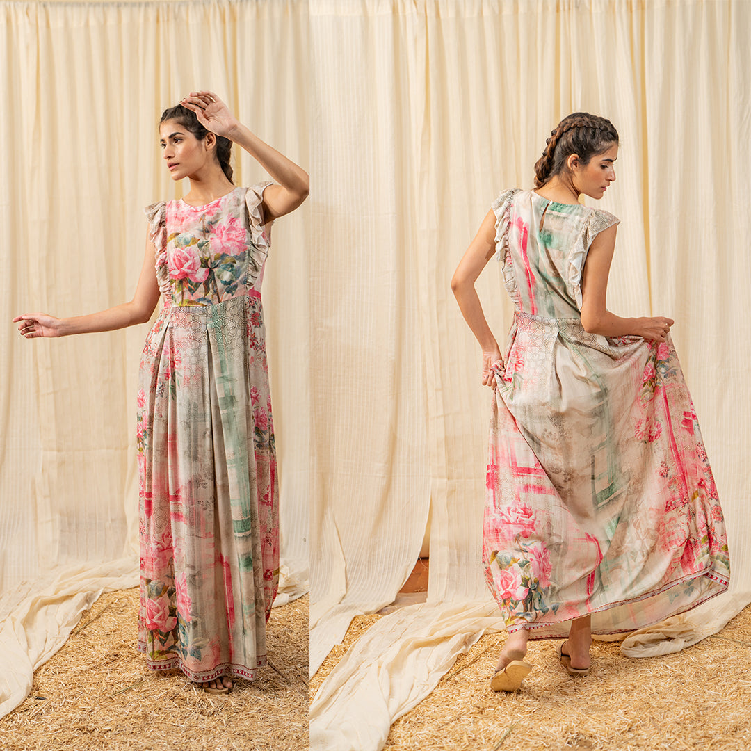 Oriental Floral Pleated Maxi