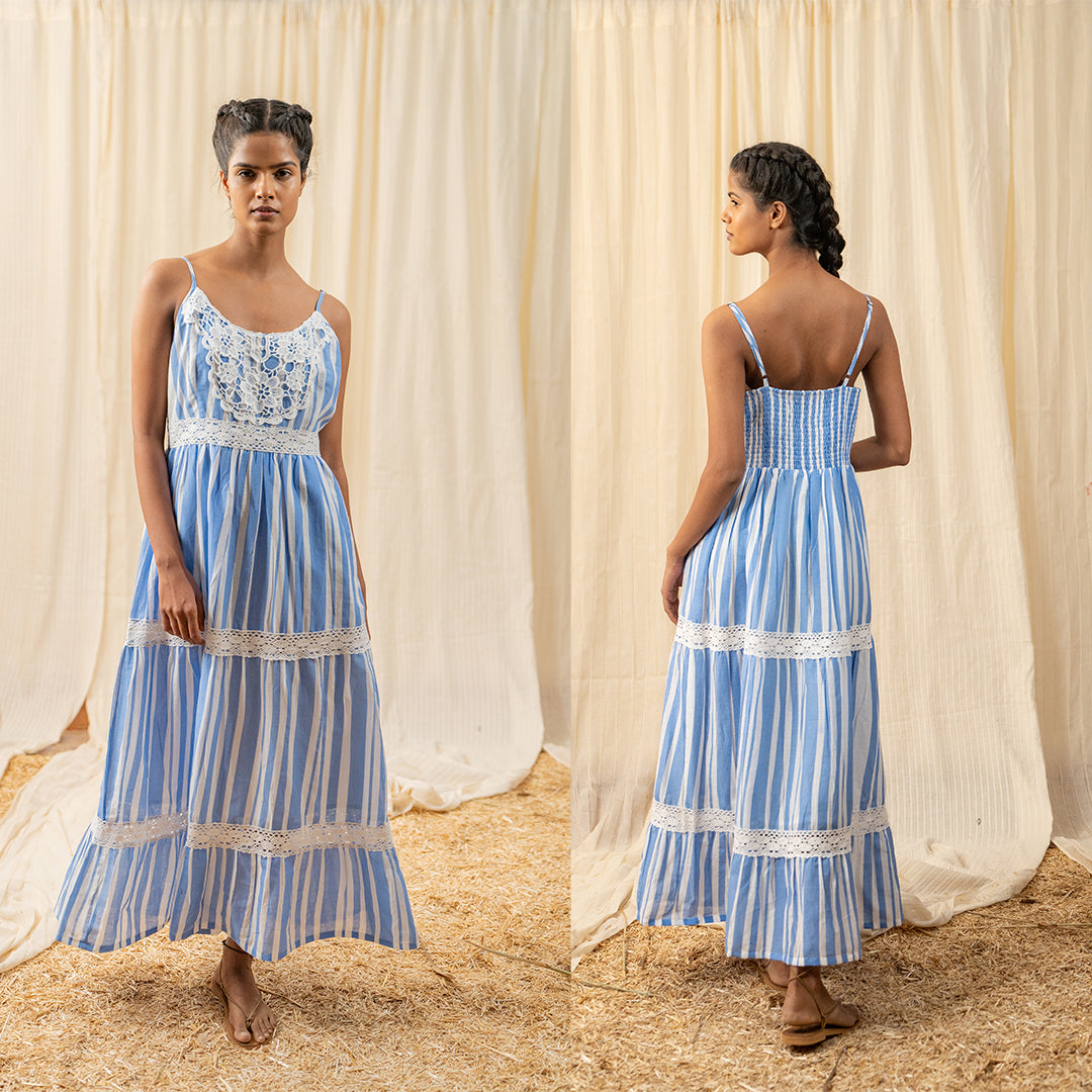 Travel Friendly Boho Outfits Stripe Blue Lace Maxi