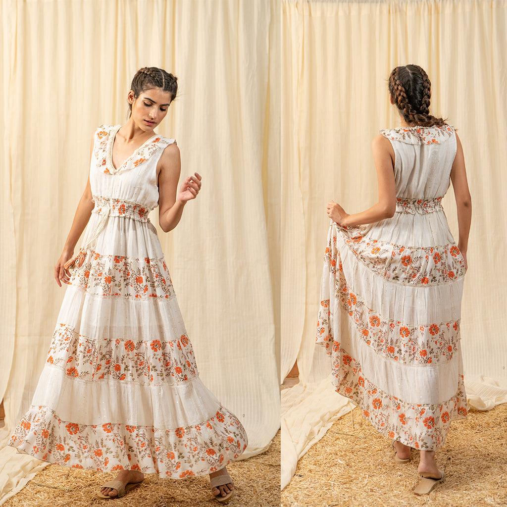 Sunset White Orange Tiered Maxi