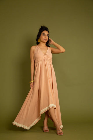 The Tenerife Peach & Sage Green V Neck Backless Maxi