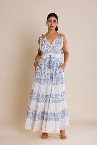 Boho Off-White & Blue Tie-Up Maxi