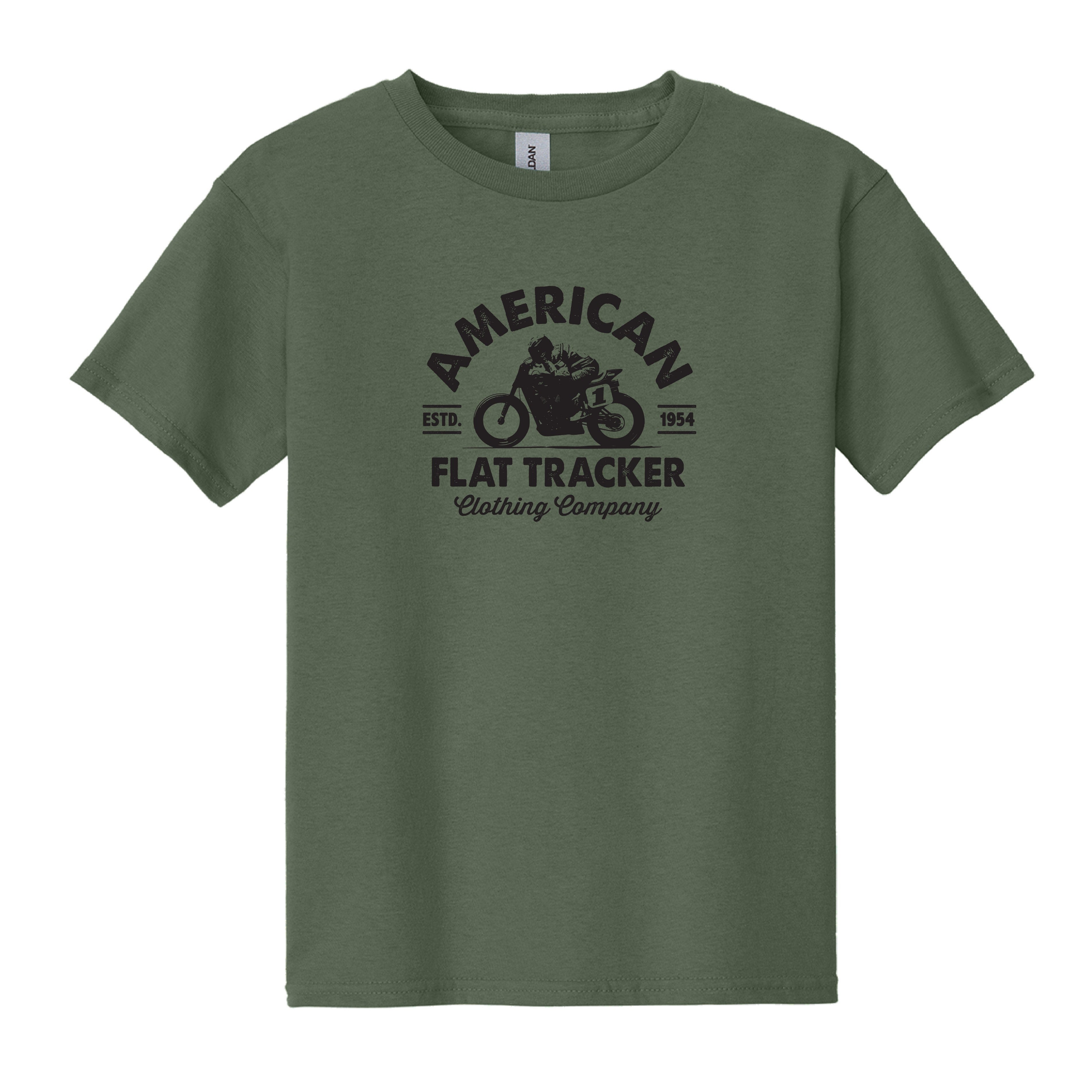 American Flat Tracker Est 1954 Youth Tee - Military Green - AFT Merch product image