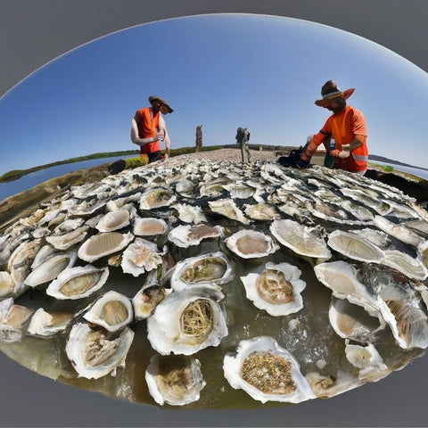 A picture of an oyster farm with oyster shells and oyster farmers