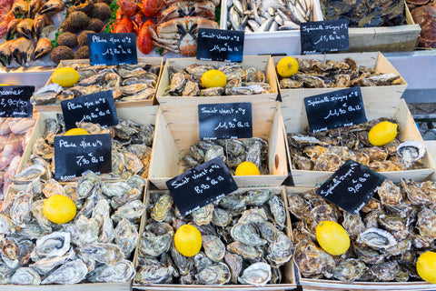 A picture of a market for oysters with product presentation and pricing strategies