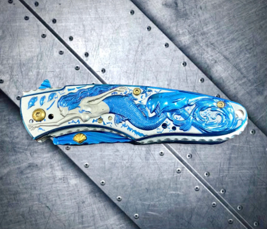  Fantasy Mermaid with Ocean Dolphin 440 Stainless Titanium  Coated Steel Tactical Folding EDC Pocket Knife : Sports & Outdoors