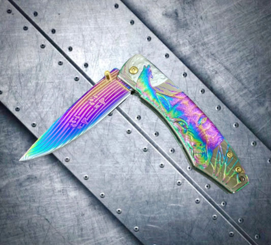 Embossed Rainbow Wolf Knife 8 Best Folding Knife for Hunting,Camping Gift  for Father, Husband, Boyfriend - VuMaker-360