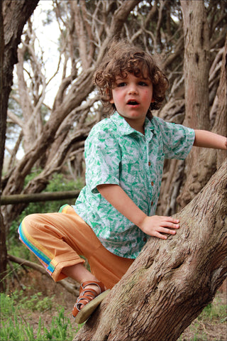 HEY JOEY Kids Unisex Sunday Shirt (emerald palms) and Kids Joey Pants (clay)