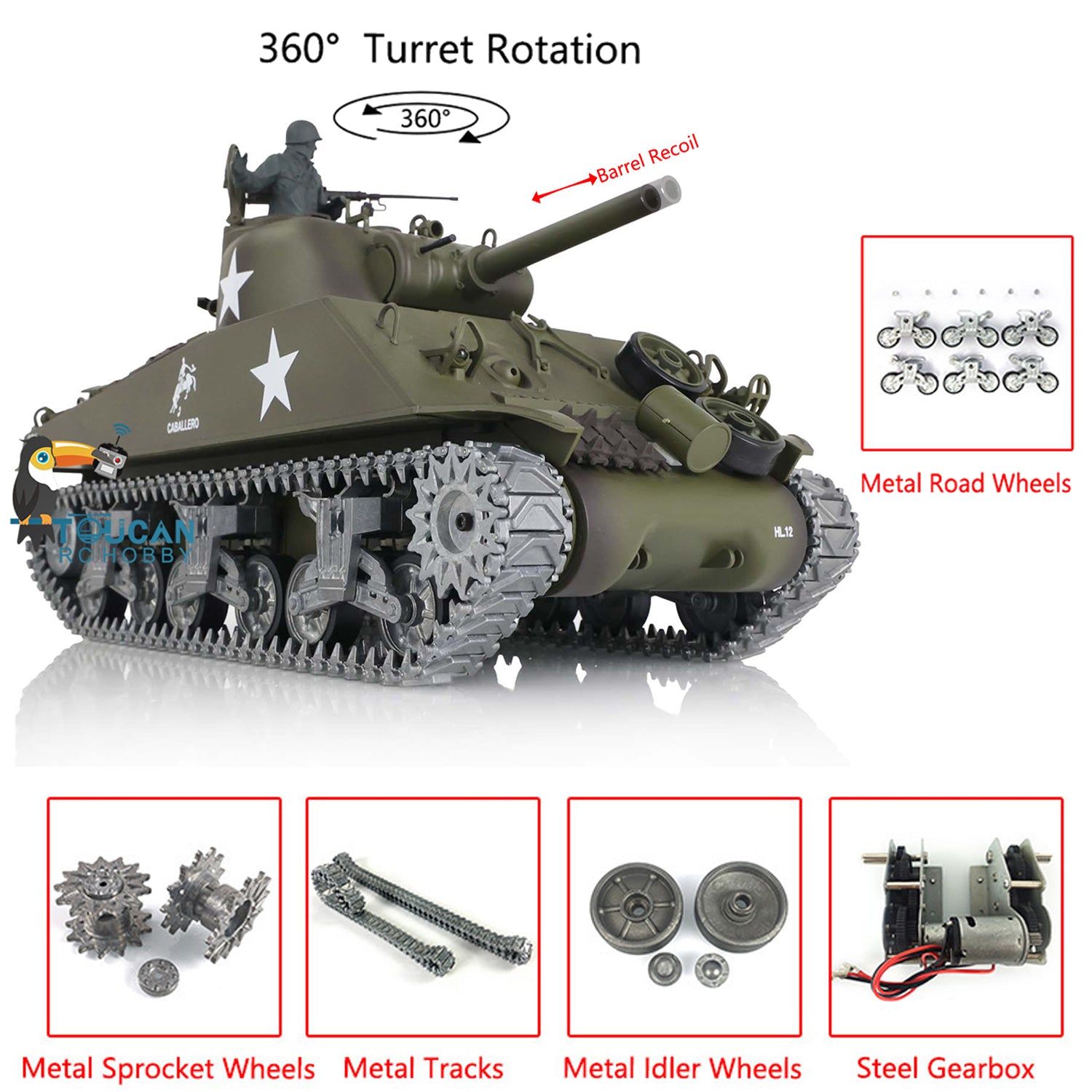 Henglong 1/16 RC Tank 3888A 7.0 King Tiger Remote Control Tank w/  360Degrees Rotating Turret Metal Road Wheel Barrel Recoil Engine Sound