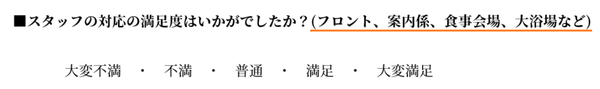 「スタッフの対応の満足度はいかがでしたか？」という設問の後に以下のような補足がある。フロント、案内係、食事会場、大浴場など