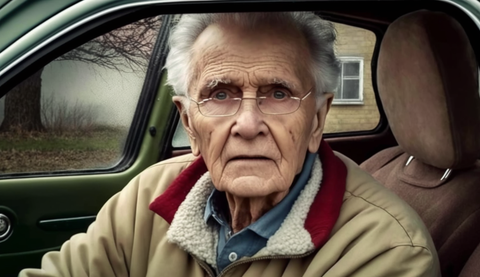 70jähriger Rentner, der nachdenklich im Auto aus dem Fahrerfenster schaut und über die von der EU geforderte Nachprüfung grübelt