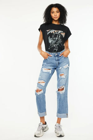 Kancan Mid Rise Distressed Boyfriend Fit Jeans - Bug N Me Designs