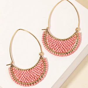 Seed Beads Hoop Earrings- Pink - Black Chameleon