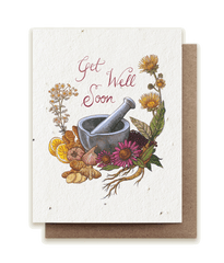 a photo of a plantable seed card with the words get well soon surrounded by an illustration of medicinal herbs