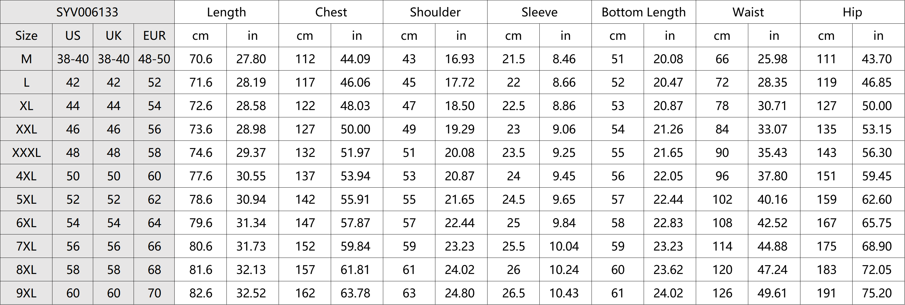 Soft Cotton Linen 2-Piece Set Size Chart