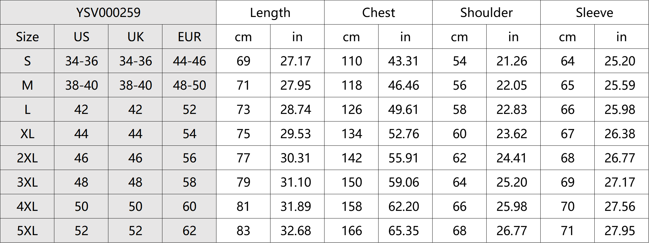 Creative Printed Zip Up Hoodie Size Chart