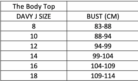 Size chart for The Body Top 