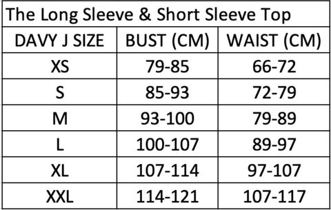 Size chart for the long sleeve top 