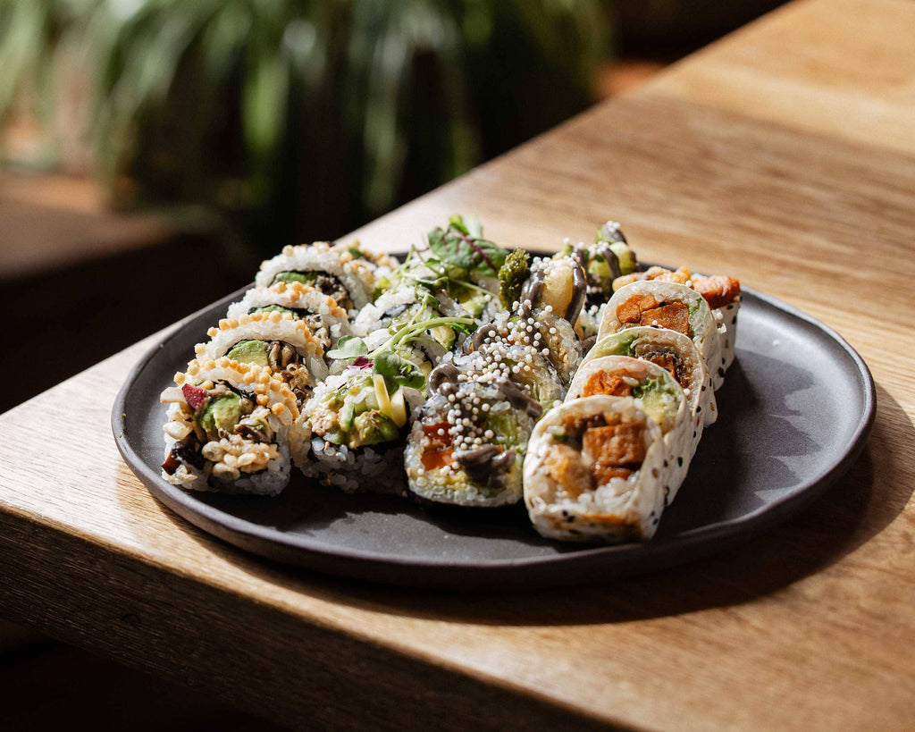 a vegan sushi plate from the sushi momo restaurant