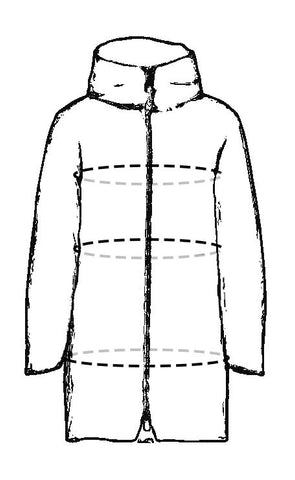 A sketch of a Bedi coat with dotted lines around the chest, waist, and hips to show where to measure
