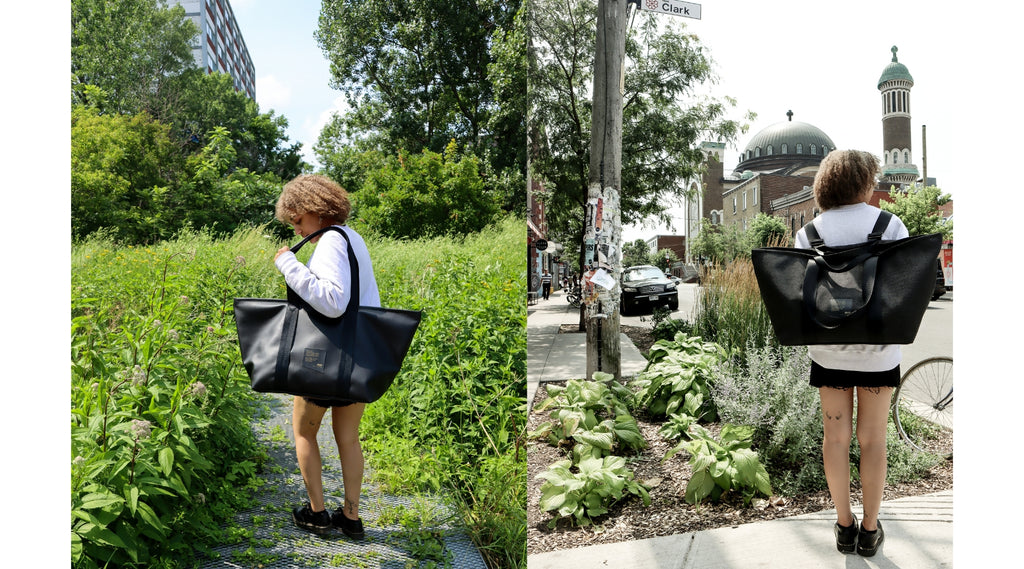 montage of two pictures in one showing a female model wearing a sweatshirt and short skirt in two environments (left) model in a park full of greenery candidly looking inside the weekender she is holding (right) same model is observing st-viateur street carrying a weekender on her back.