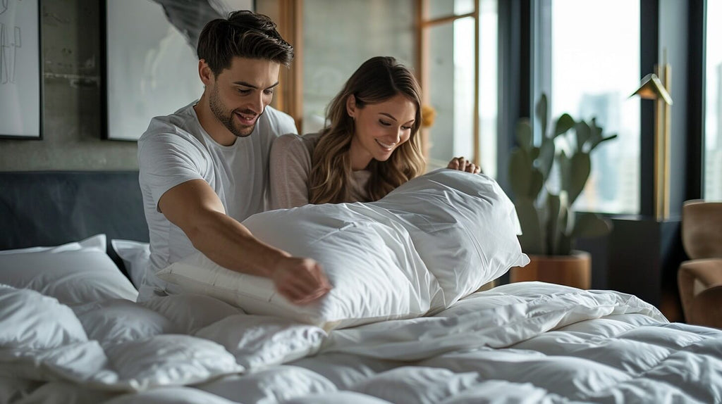 a man and woman are happily tidying their bed together in the morning