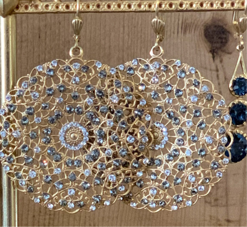 Drop Earrings - Round Filigree with Crystals