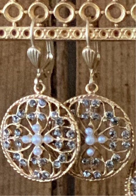 Drop Earrings - Gold Rosettes with Crystals and Pearls