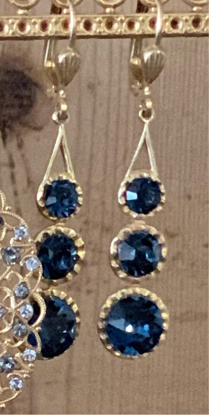 Drop Earrings - Navy Crystal Three Stone Drops