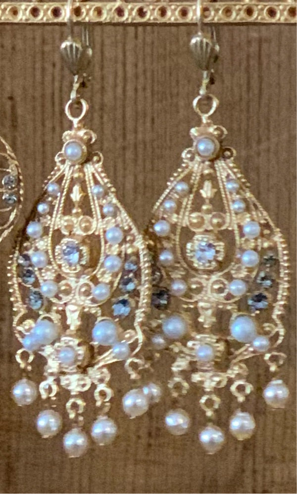 Drop Earrings - Gold Teardrops with Crystals and Pearls